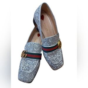 Gucci EUC Marmont Loafer Block Heel Glitter Silver Shoe Size 36.5